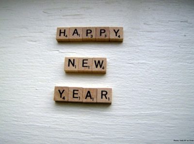 Happy new year spelt out in Scrabble tiles