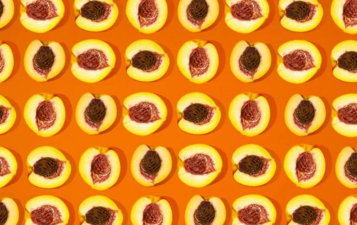 Peaches cut in half and laid out in rows