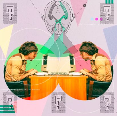 An illustration of a man typing on a computer and his mirror image