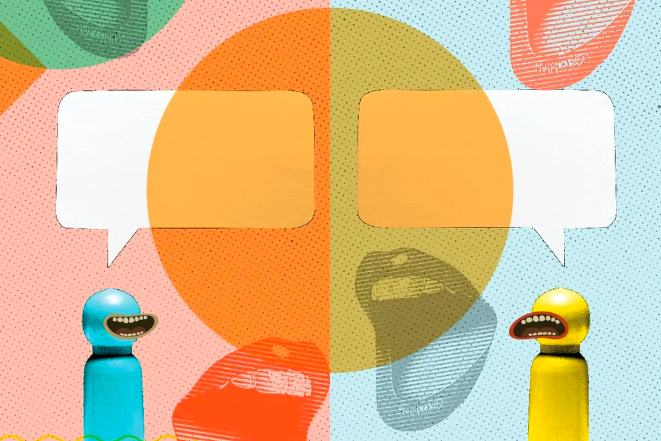 Coloured illustration of mouths talking to each other and two empty speech bubbles