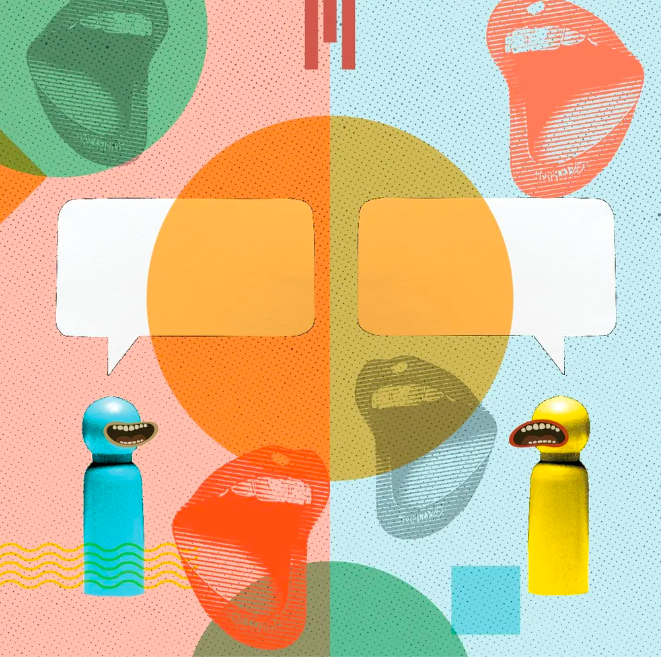 Coloured illustration of mouths talking to each other and two empty speech bubbles