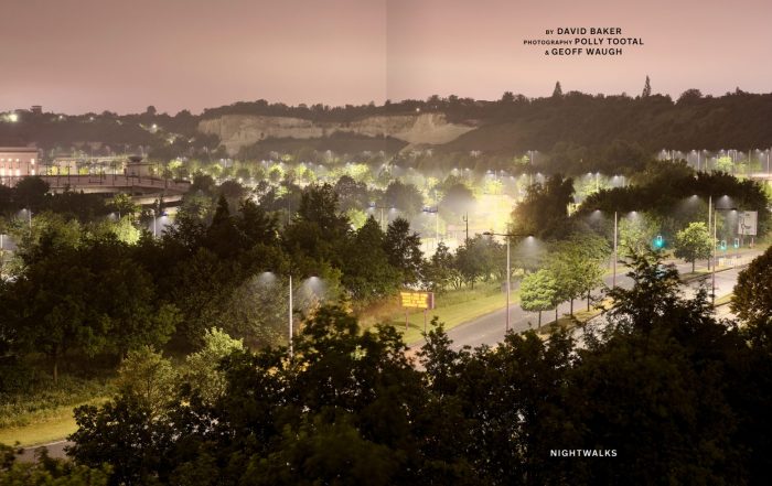 A photo/illustration of a cityscape at nighttime