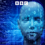 A robot face against a background of blue and white waves
